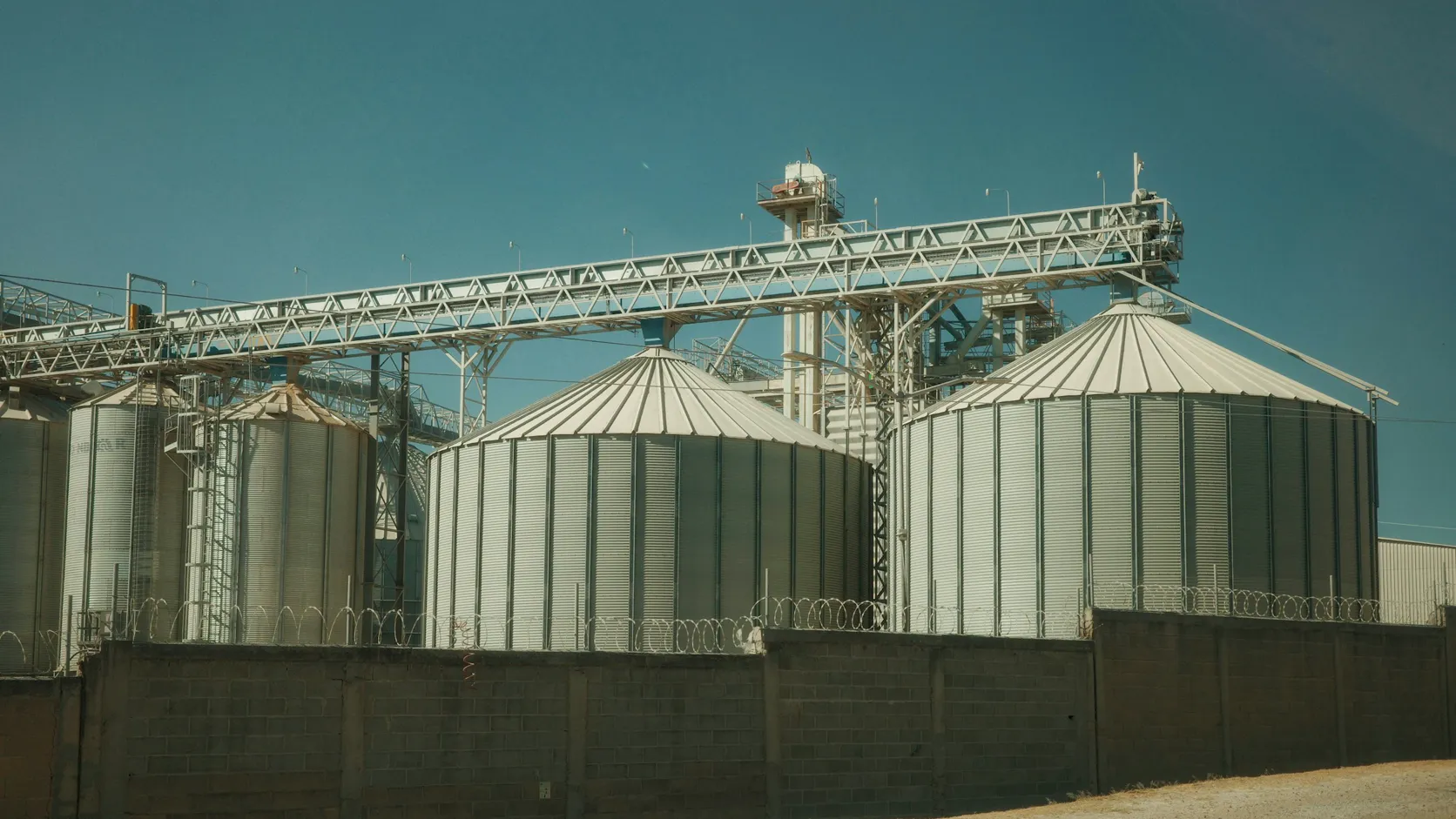 Silos de acero con sistemas de transportadores almacenando ingredientes en una planta de alimentos.