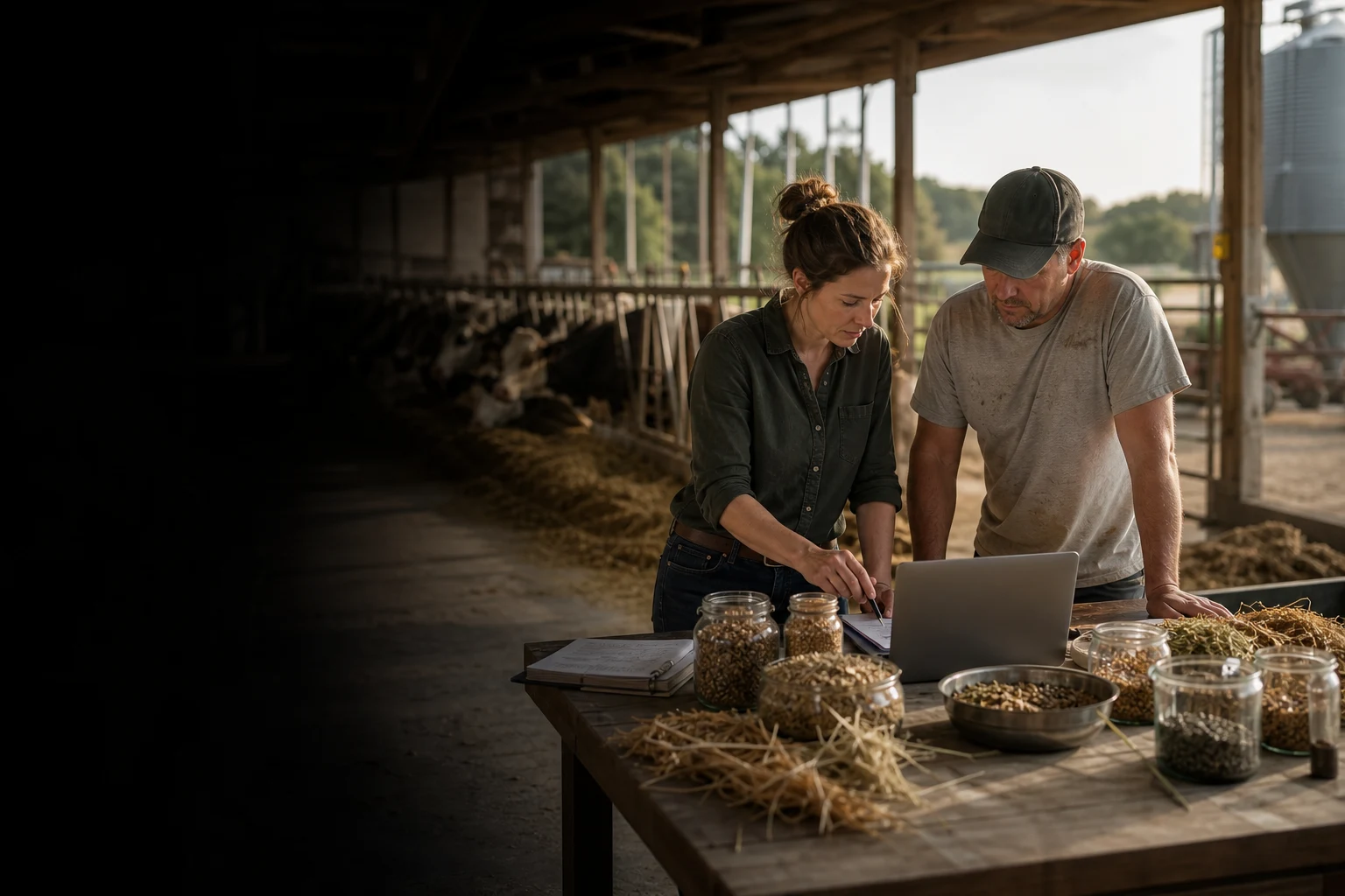 A nutritionist and livestock producer reviewing feed samples and formulas together in a barn