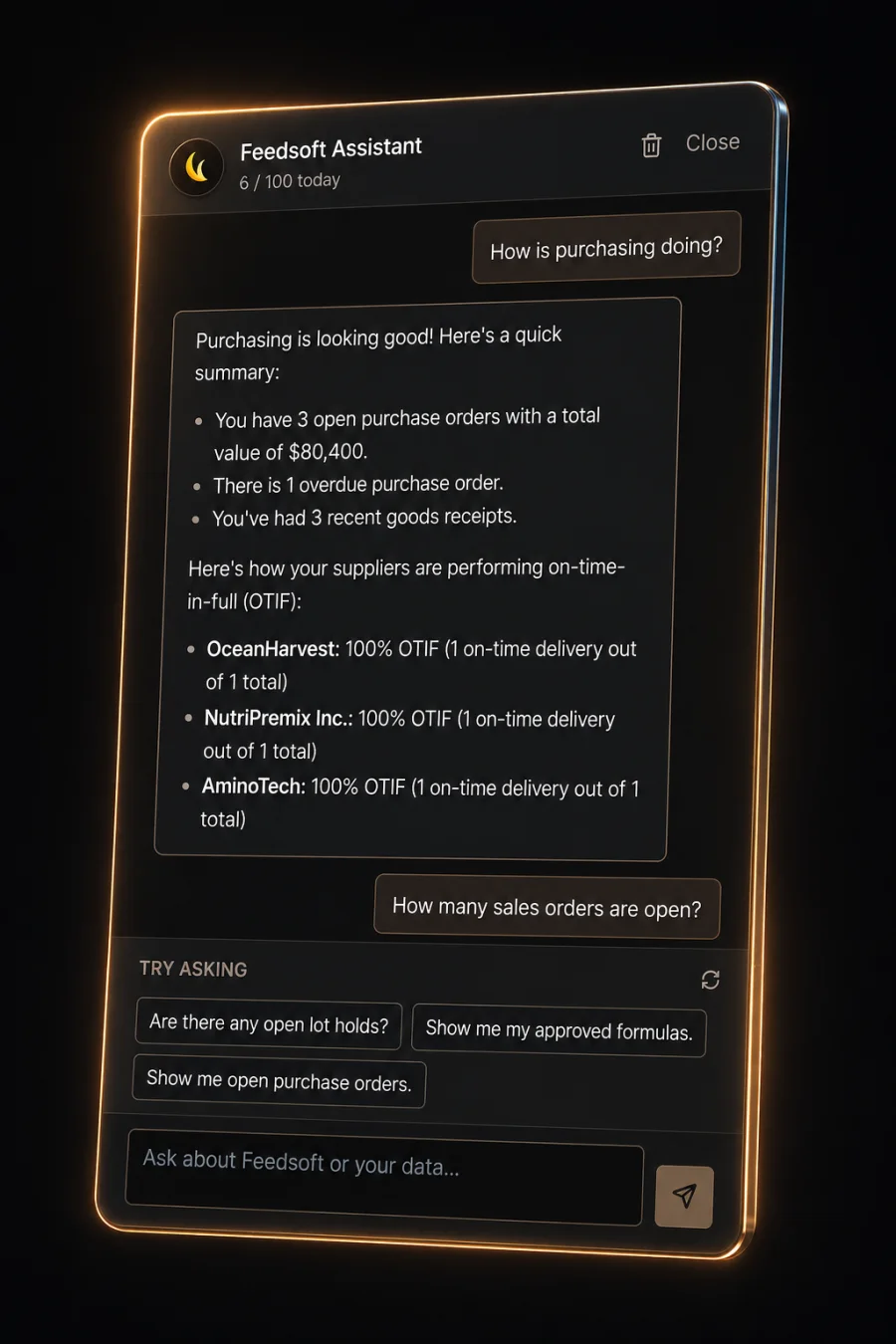 Feedsoft Assistant answering a purchasing summary question