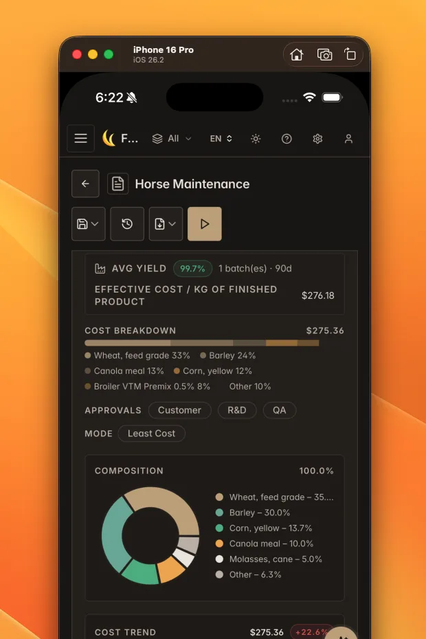 Formulation workspace on a phone showing solve status, cost, and approvals — Feedsoft feed formulation software
