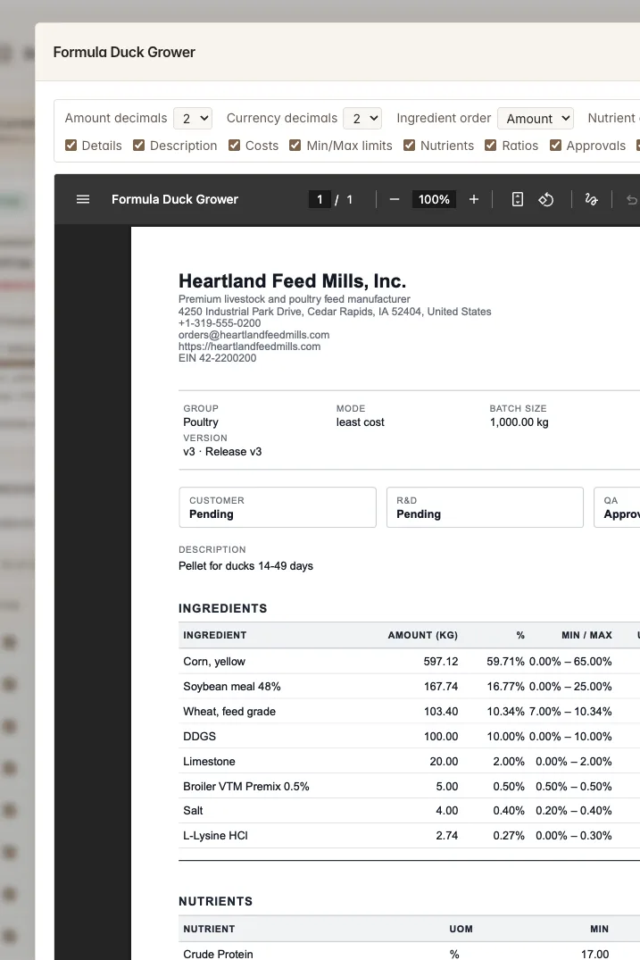 Configurable PDF formula report with approvals and cost summary — Feedsoft feed formulation software