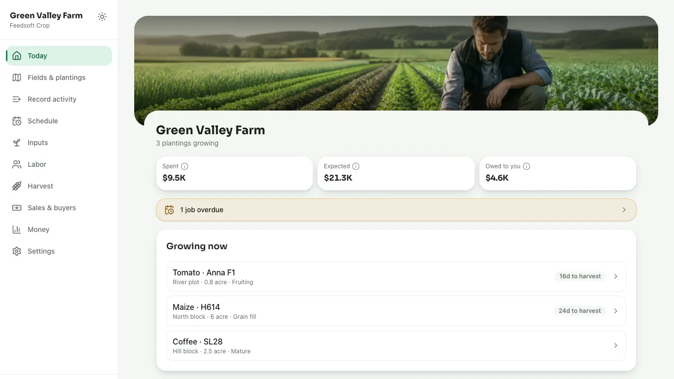 Feedsoft Crop on a computer, showing the day's numbers